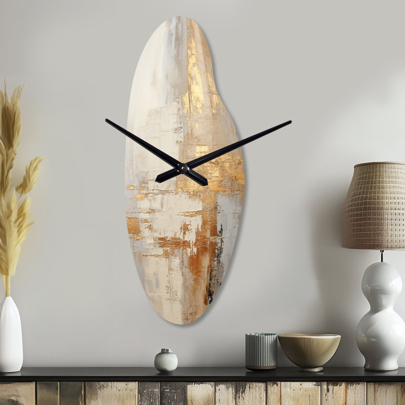 Gold And White Abstract Split - Curved Shape Beige Wall Clock - Unique Shape, Grand
