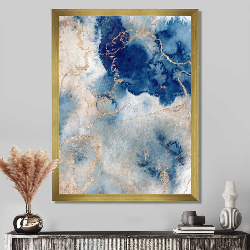 «Blue and Gold Marble Clouds III», peinture sur toile, Impression encadrée, H 20 po x l 12 po, Doré