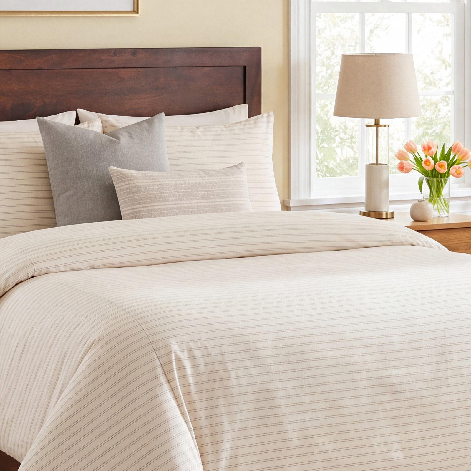 Siscovers Cotton Blend 7-Piece Duvet Cover Set, Gray/Cream Striped, Queen Duvet Cover + 5 Additional Pieces