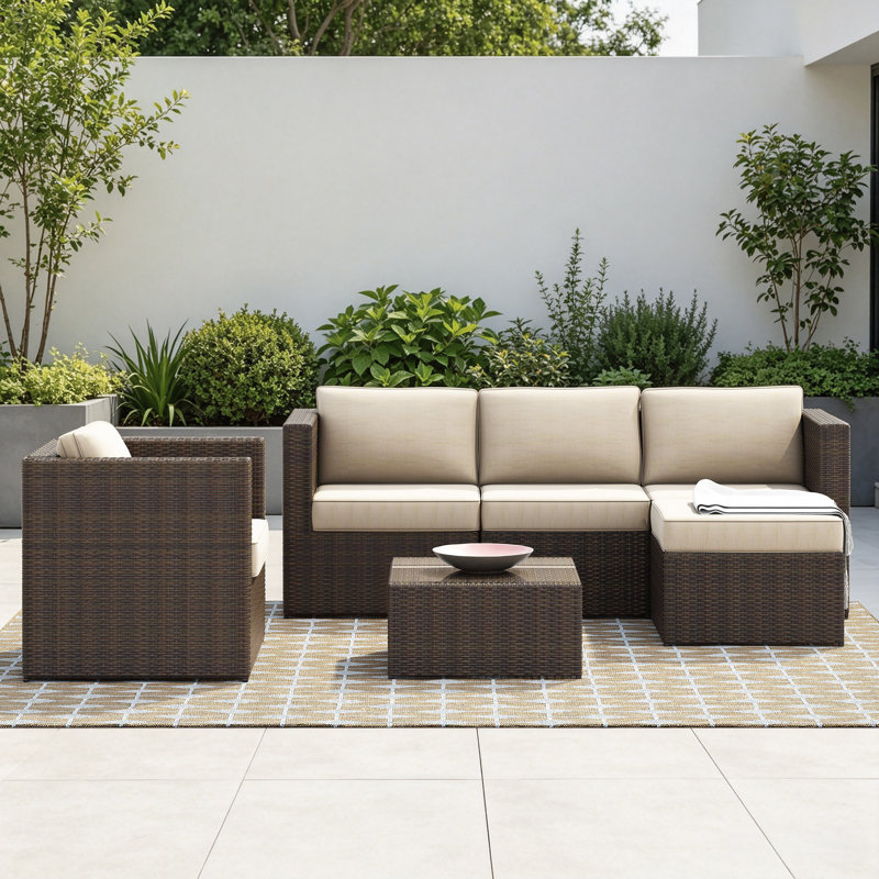 Ensemble de conversation modulaire en rotin avec coussin 6 pièces Baecher (entièrement assemblé), Beige/brun