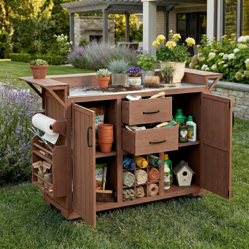 Modern 60.2"W Outdoor Kitchen Island with Wheels, Rolling Patio BBQ Kitchen Cart with Stainless Steel Top, Wood Grill Cart with Spice Rack&Wine Rack,2 Drawers, Brown