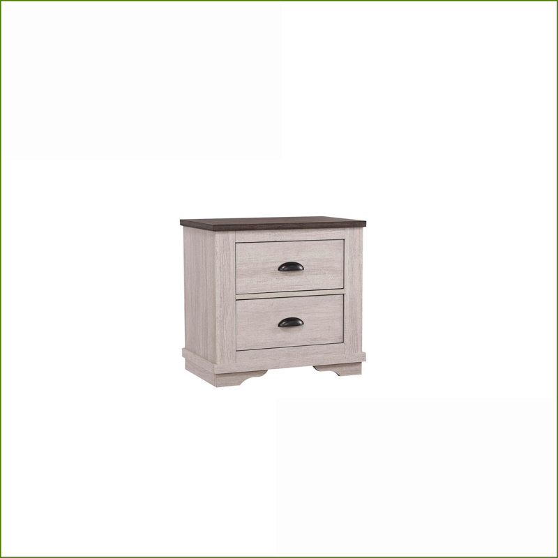 Table de chevet 2 tiroirs Rustic Chalk Gray, Blanc cassé / blanc