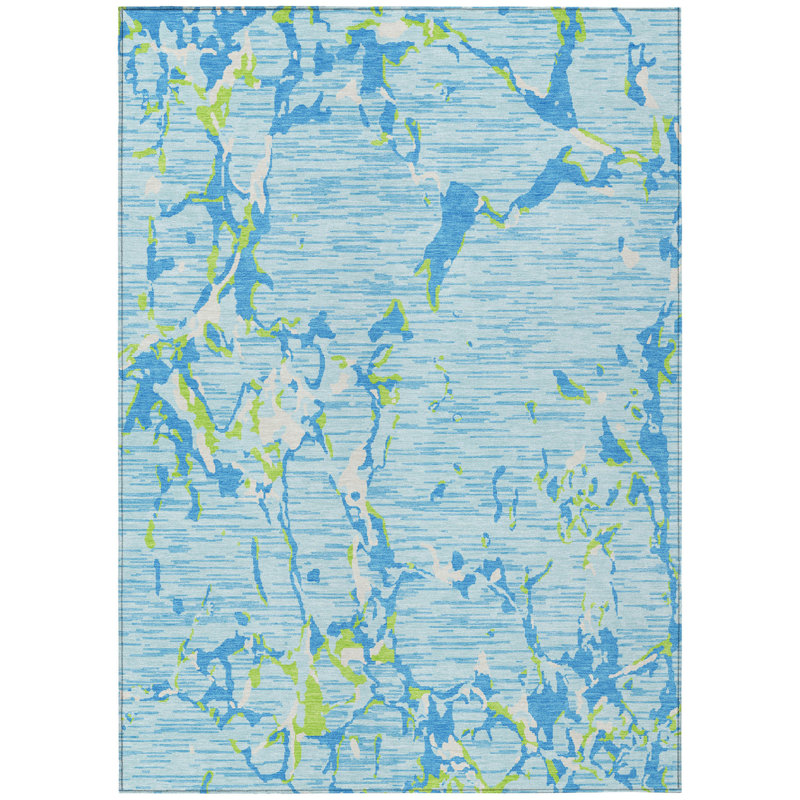 3' X 5' Sky Blue Striped Washable Indoor Outdoor Area Rug