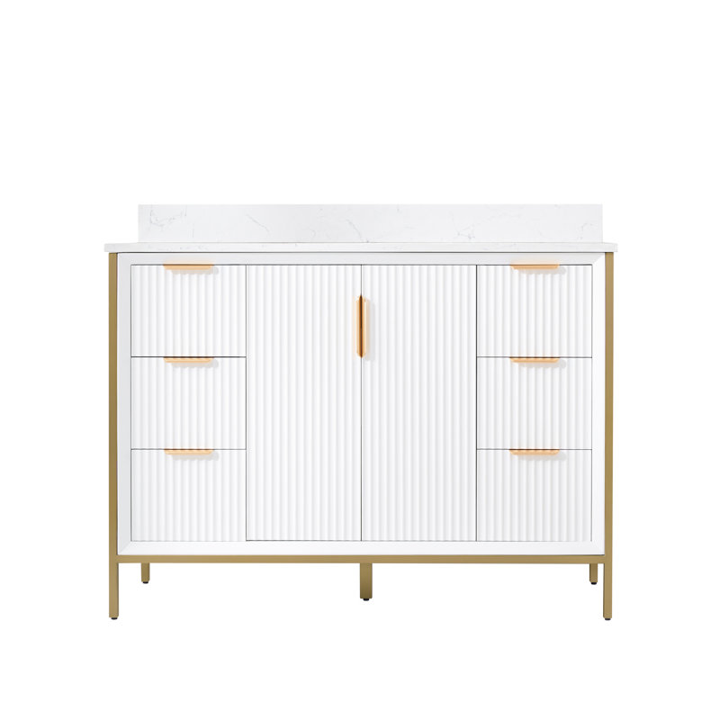 Meuble-lavabo en bois massif H 35 po x l 48 po avec comptoir en quartz et lavabo simple
