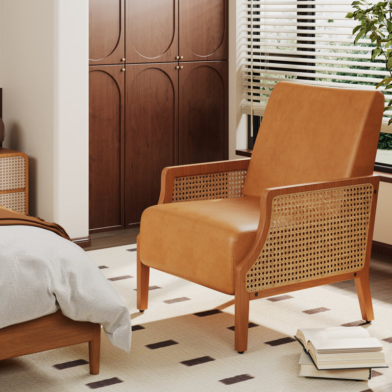 Upholstered Accent Chair With Rattan Arms And Solid Wood Legs, Brown