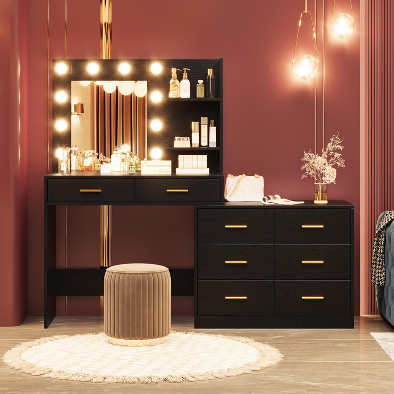 61" Make Up Vanity Desk With Mirror And Lights, 3 Lighting Modes Vanity Organizer With Adjustable Brightness, Black