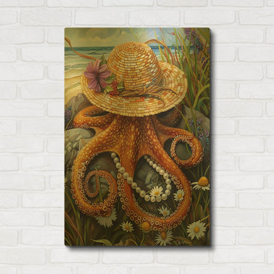 'Miss Octopus With Hat And Pearls' By Momart Gold Metal Wall Art, 24" x 36"