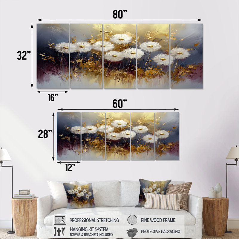 Harmonie de pissenlit doré - art mural pissenlit - décoration murale traditionnelle, H 32 po x l 80 po, 5