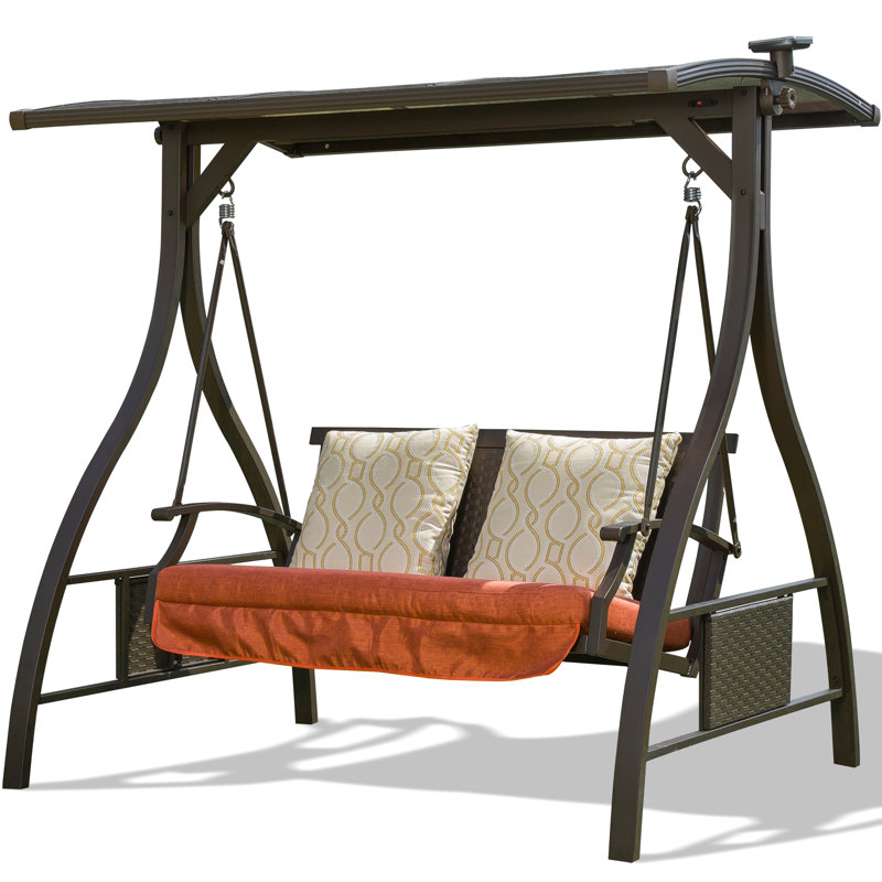 Balancelle de patio avec structure en acier, auvent réglable, à DEL, coussins amovibles pour un cadre solide, tables d'appoint pliables solaires pour le jardin