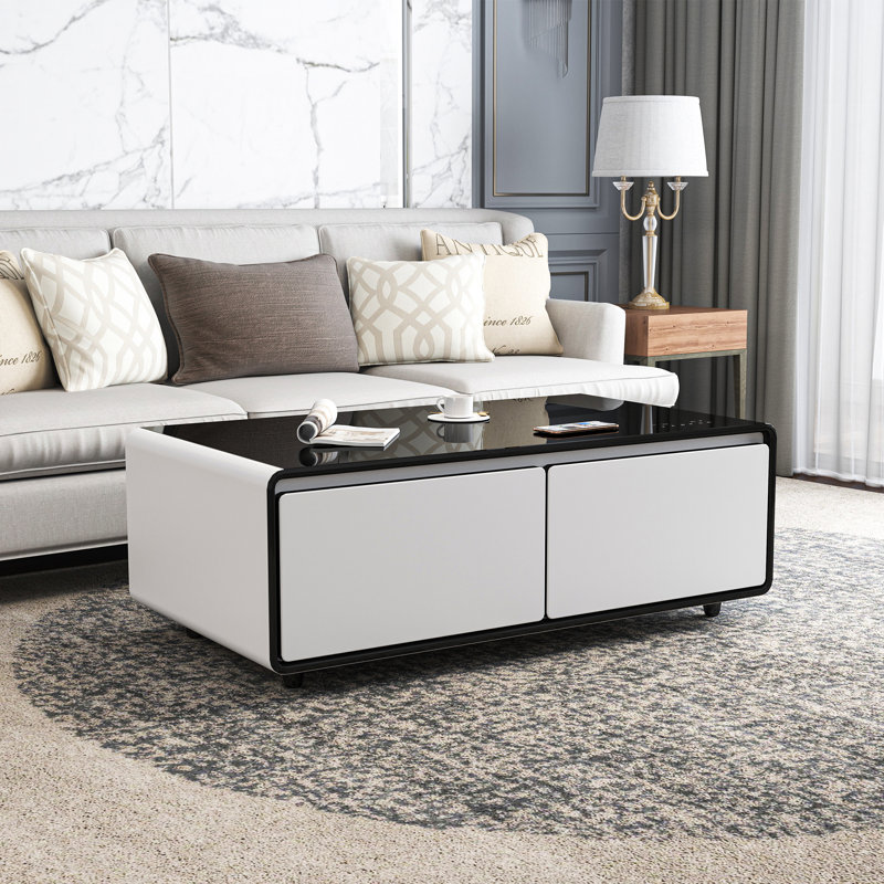 Table basse intelligente avec deux tiroirs réfrigérés et haut-parleurs Bluetooth avec éclairage RVB et chargement sans fil