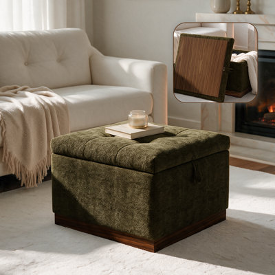 21.6'' Square Button-Tufted Storage Ottoman with Lift-Top Lid and Wood Base