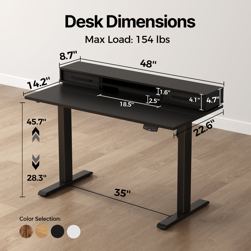 48" Electric Standing Desk With Drawers, Height Adjustable Desk With Retractable Storage Shelf, Stand Up Home Office Computer Table