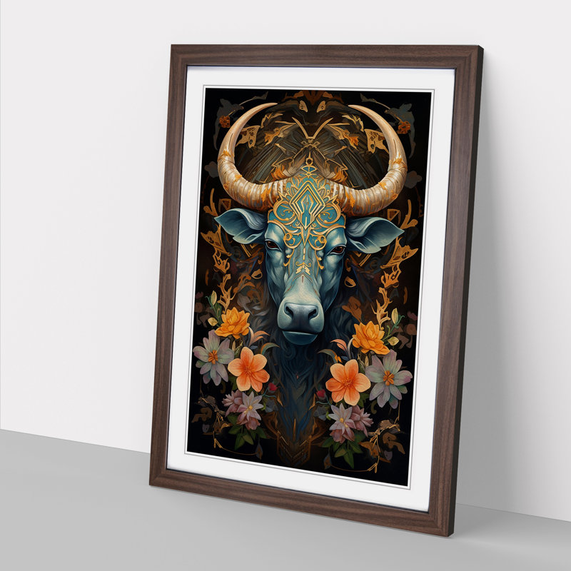 Taurus Zodiac Art Deco - Single Picture Frame Print on Wood, 34cm H x 25cm W x 2cm D, Walnut