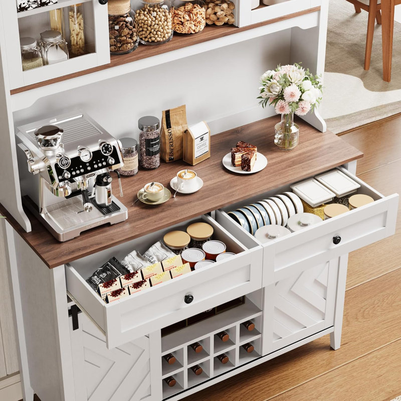 72" Sliding Barn Door High Bar Cabinet Farmhouse, Large Kitchen Buffet with Hutch Wine Storage, Charging Station, 2 Drawers, 8 Storage Shelves, LED Rustic Coffee Bar for Dining