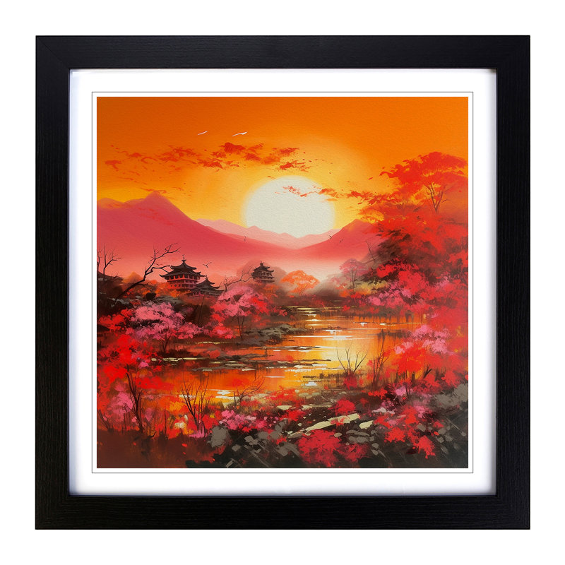 Japanese Sunset Colour Field Painting - Single Picture Frame Print on Wood, Black