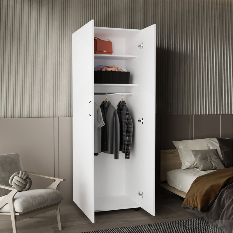 Armoire Aurora, deux tablettes intérieures, tringle, porte double, blanc