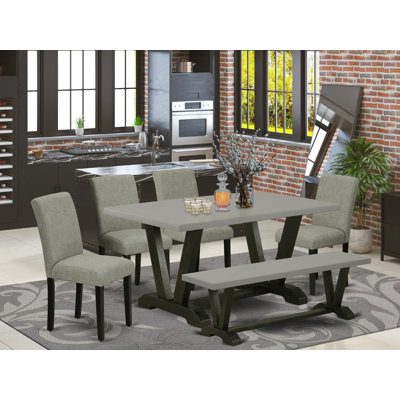 6 Piece Modern Dining Table Set Contains a Rectangle Wooden Table with V-Legs and 4 Shitake Linen Fabric Parson Chairs with a Bench, Multi-Colour