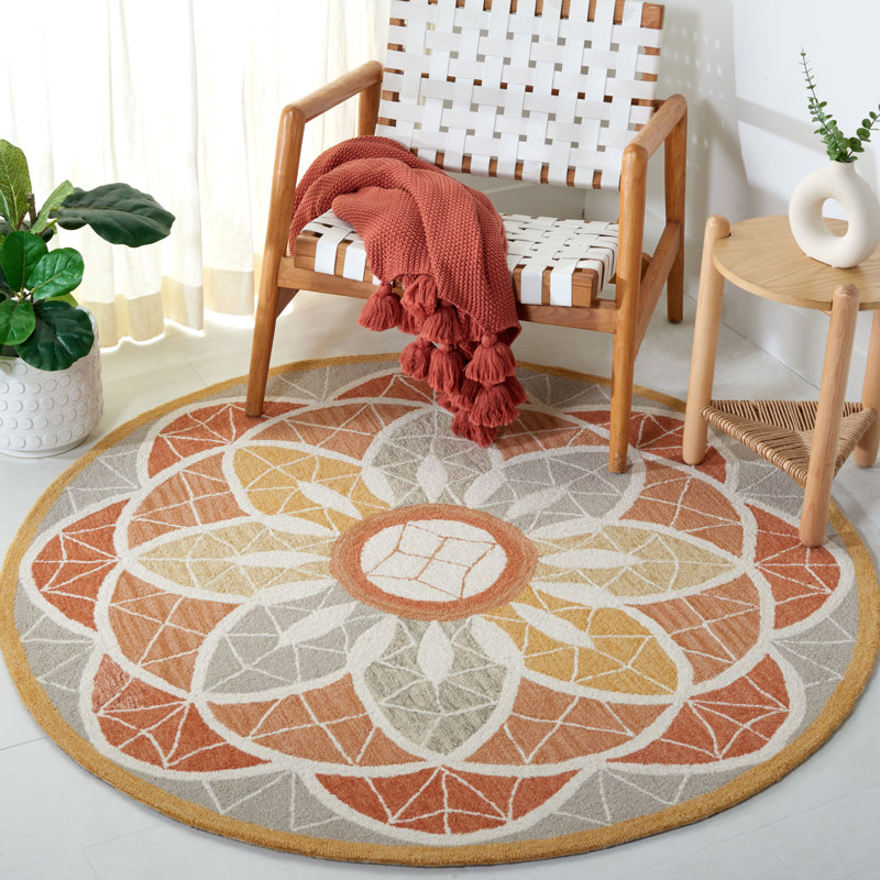 Tapis floral en laine touffeté en coton gris / doré Shamina, Rond 6 pi