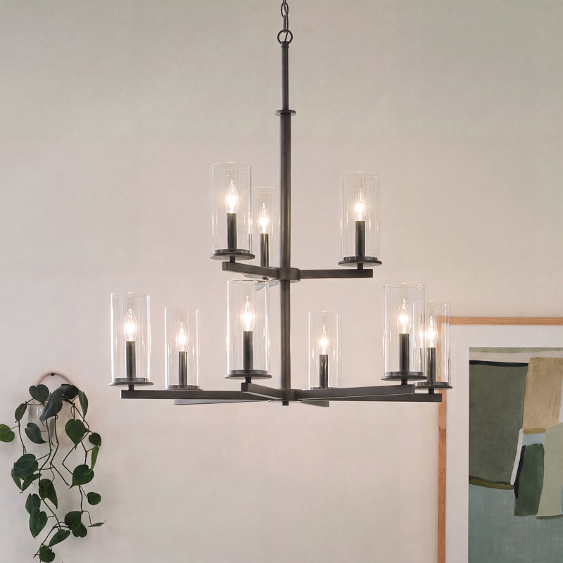 Lustre en bronze à 2 niveaux 9 lumières avec abat-jour en verre transparent Crosby, Bronze