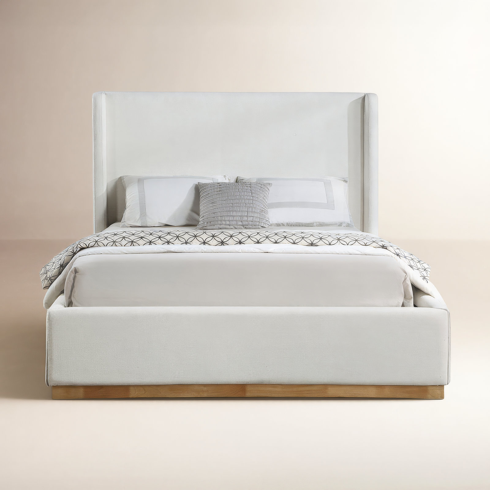 Upholstered Panel Bed, Cream Linen Textured Fabric, Full / Double
