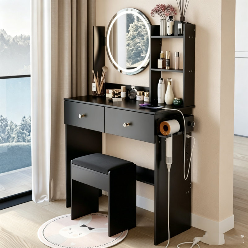 Meuble-lavabo rond 17 po à DEL avec tabouret, prise de courant 2AC + 2USB, luminosité réglable de 3 couleurs et grand rangement