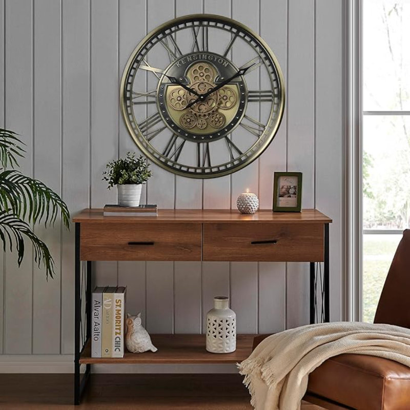 CLXEAST Grande horloge murale à engrenages mobiles pour décor de salon de campagne moderne, horloge murale à chiffres romains en laiton doré à piles, reloj de Pared Para Sala (21 po)