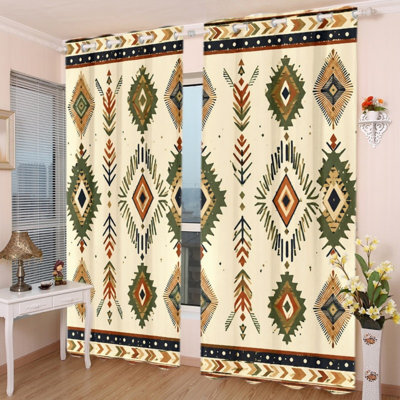 2PCS Grommet Top Blackout Window Curtains, Southwestern Boho Diamond Tribal Pattern Polyester Drapes, Thermal Insulated, Noise Reducing, Privacy Protection, Room Darkening Window Coverings for Bedroom Living Indoor Home Decor