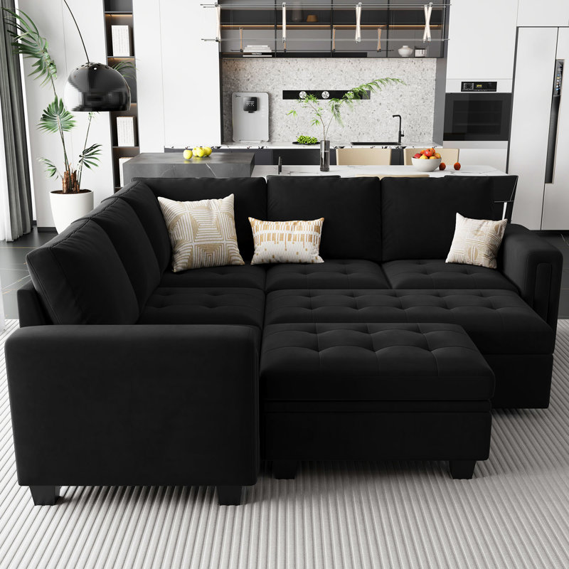 Modular Velvet Pull Out Bed With Storage Ottoman For Living Room Bedroom Apartment, Black Velvet