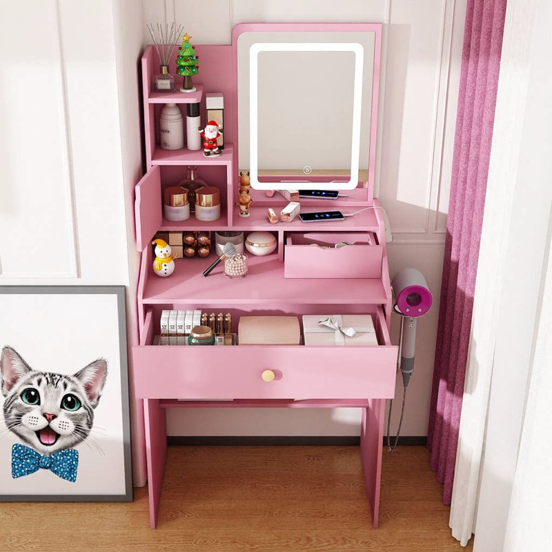 23.6" Pink Vanity Set with LED Mirror & Stool | Dressing Table with 2 Drawers & 5 Storage Cabinets (4 Open + 1 Hidden) | Adjustable 3‑Color Lighting, Built‑In Charging Station | Compact Space‑Saving Makeup Desk