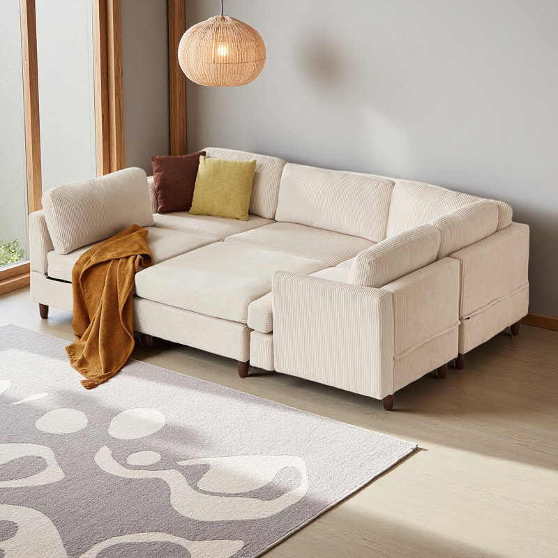 Canapé modulaire moderne, canapé convertible 6 places, Velours côtelé beige