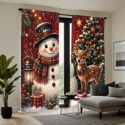 2PCS Christmas Snowman Deer Tree Pattern Light Filtering Curtains with Rod Pocket, Festive Holiday Decor for Living Room Bedroom Decoration