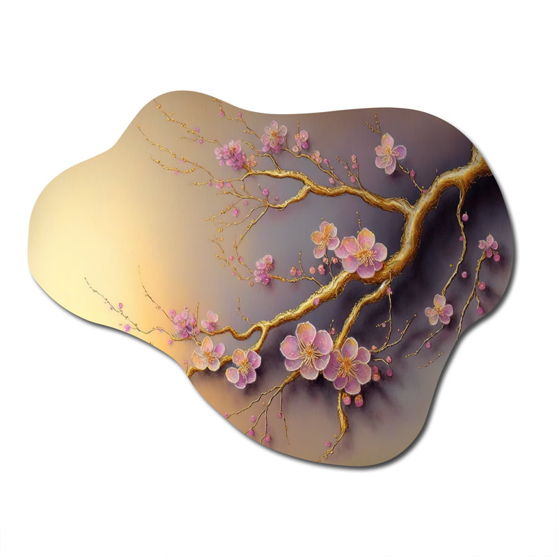 Rose et prune, branche de cerisier en fleurs VII - impression de sculpture murale en métal asymétrique, H 27 po x l 35 po