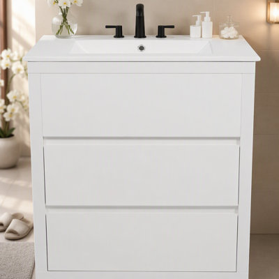 Ensemble de meuble-lavabo double 60 po, armoire de salle de bain avec deux lavabos en céramique séparés, tiroirs pleine extension et glissières de tiroir encastrées à fermeture en douceur