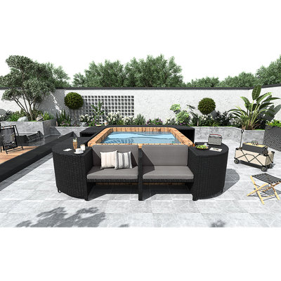 Ensemble de canapé modulaire en rotin quadrilatéral avec cadre mini spa, sièges en bois et espaces de rangement Spa
