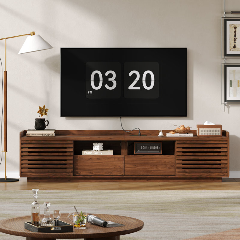Meuble télé 78,7 po avec 2 tiroirs et portes coulissantes, centre de divertissement avec compartiment multiprise, Noyer