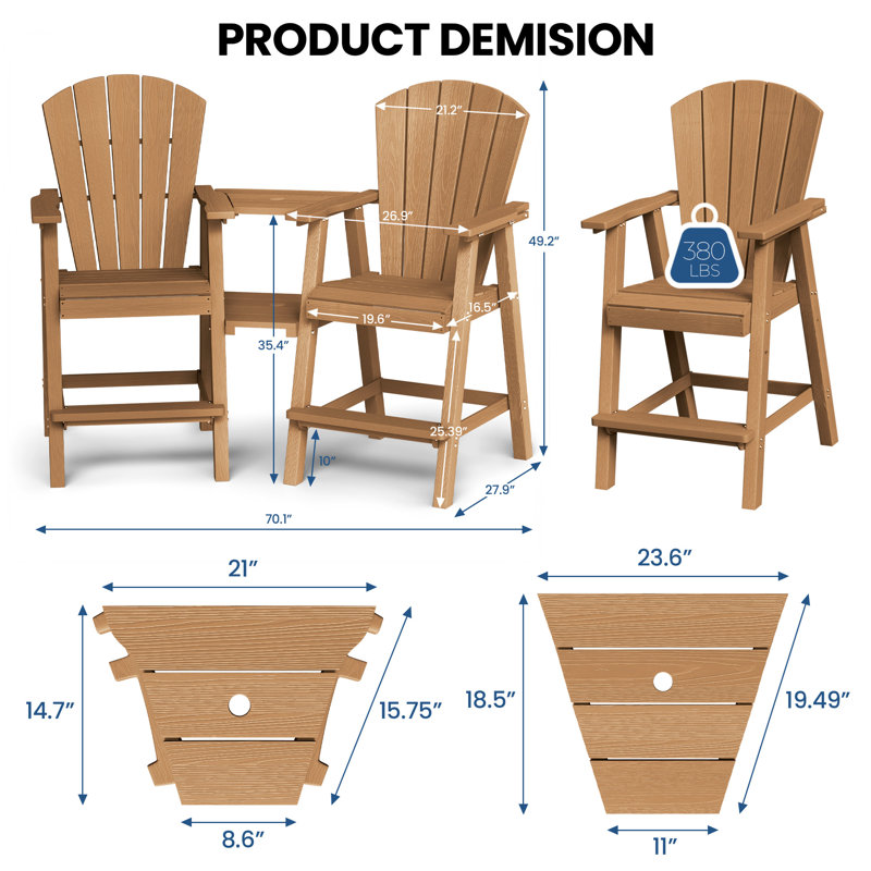 Chaises Adirondack de 26 po pour 2 personnes avec table pour 2 personnes, Brun