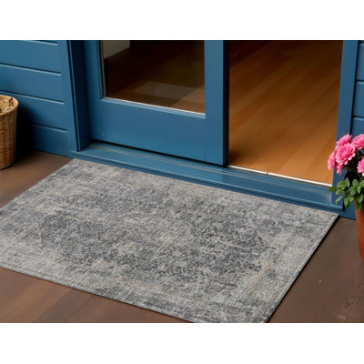 Tapis extérieur lavable abstrait gris anthracite et argent 3 pi x 5 pi