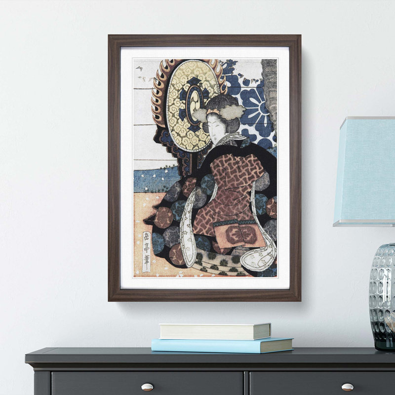Women Playing a Drum by Yashima Gakutei - Framed Print, 36cm H x 27cm W x 2cm D, Walnut Framed