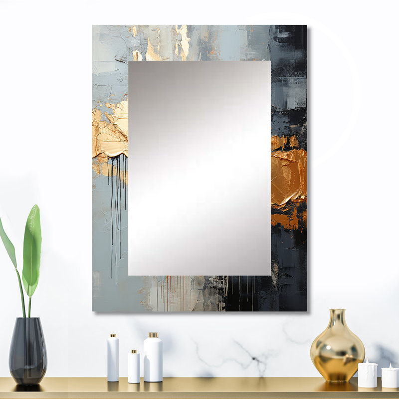 Or et gris, formes liquides modernes IV - formes abstraites modernes, décor de miroir mural, grand miroir moderne et contemporain, impression d'art en métal