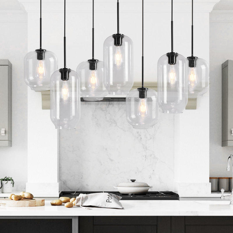 Kayanne 7 - Light Glass Shades Kitchen Island Geometric Pendant, Black
