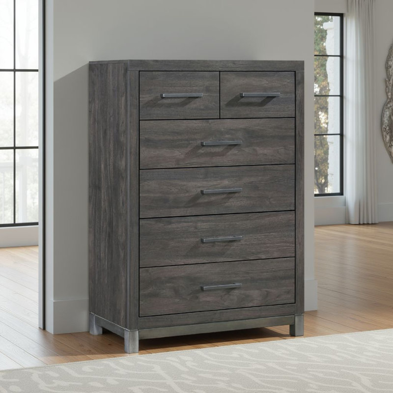 Deena Tall Dresser Chest, Brown Gray Melamine Veneer, 6 Drawers