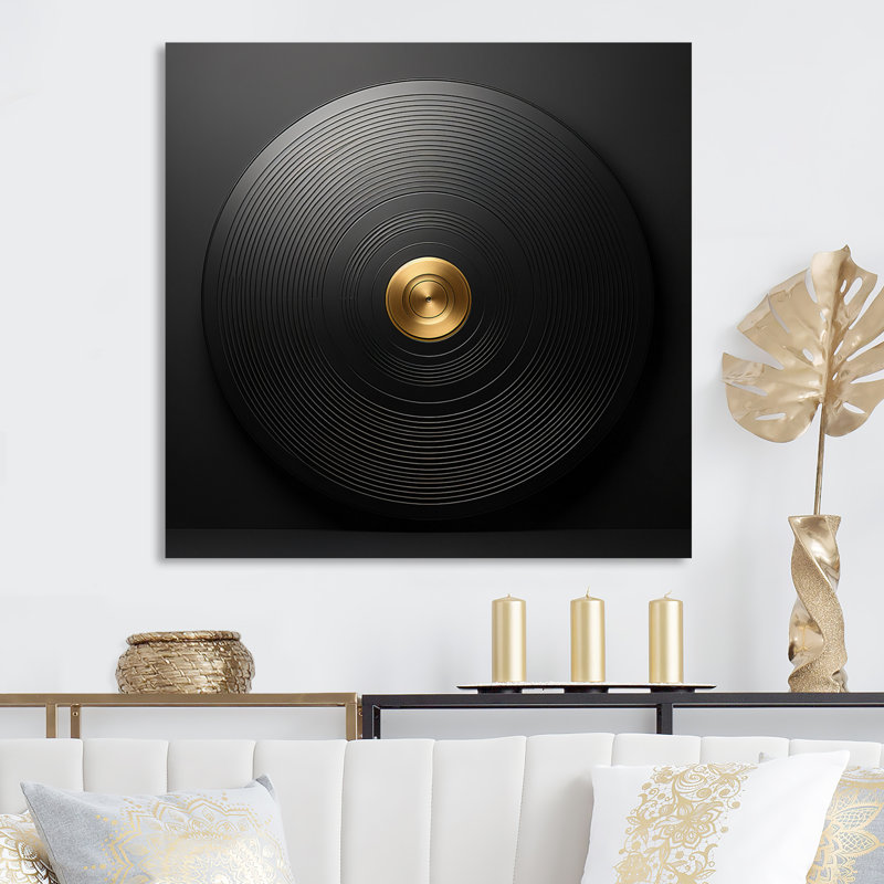 Vinyle noir et doré Serenade II - Disque vinyle décoratif mural, Sans cadre, H 24 po x l 24 po, Toile tendue