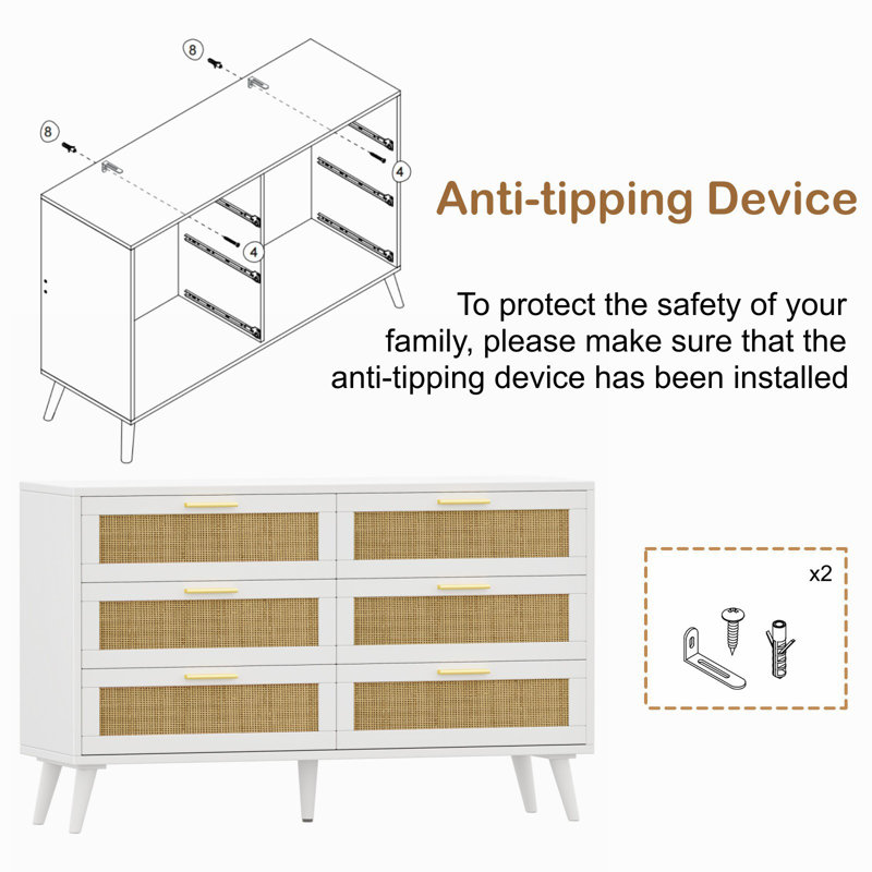 White and Natural Double Dresser with Rattan Drawers