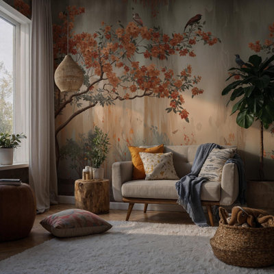 Burnt Orange Chinoiserie Branch Wall Mural | Rustic Floral Wood Texture Wallpaper | Non-Woven or Peel and Stick