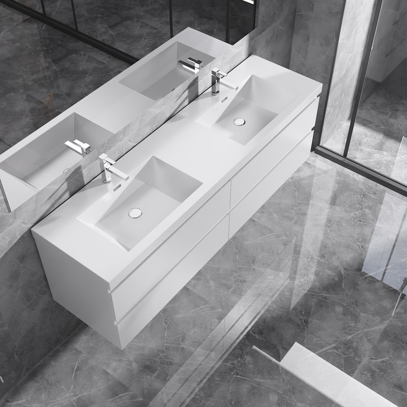 Dhruven 72 Inch Fully Assembled Double Floating Bathroom Vanity With Solid Surface Sink, Gloss White