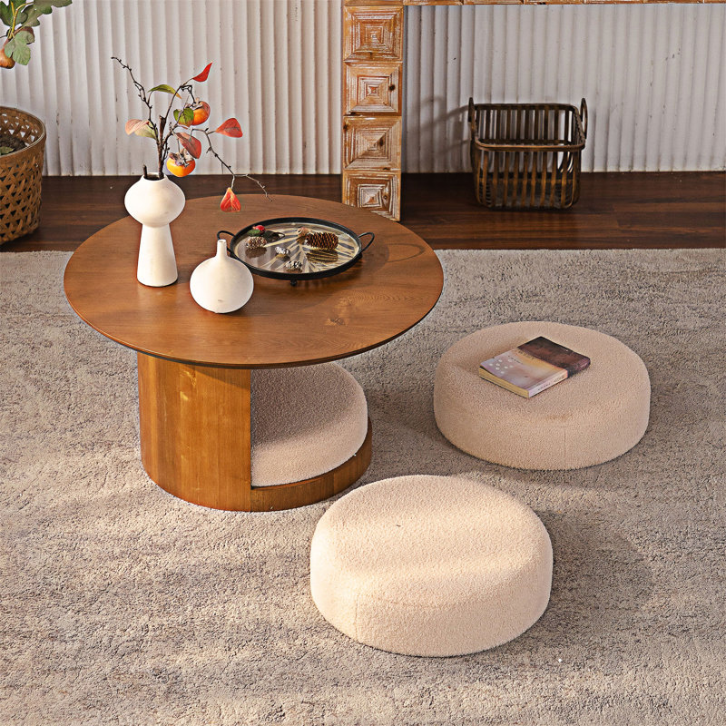 Wood Coffee Table with 3 Nesting Stools