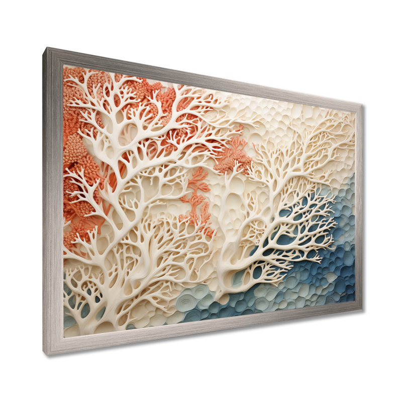 «Rose and White Coastal Coral Collage I» - art mural corail sous l'eau, Impression encadrée, H 12 po x l 20 po, Argent argent
