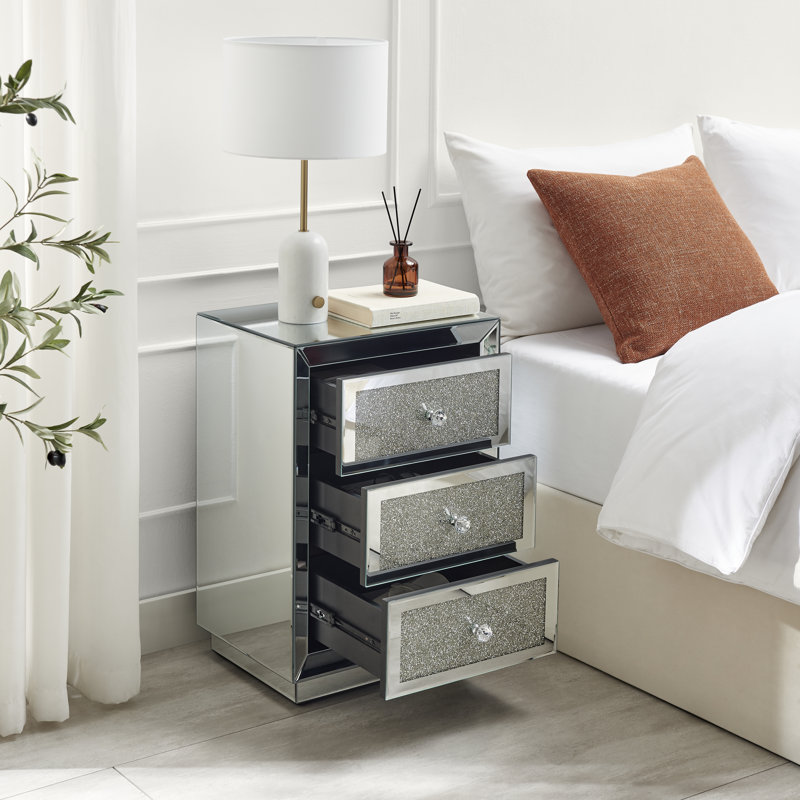 Crushed Diamond Mirrored 3-Drawer Nightstand