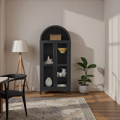 Une armoire de rangement arquée haute avec une lampe, une armoire de rangement en bois de style rétro moderne avec des cloisons en verre réglables, peut être utilisée comme armoire multifonctionnelle dans les cuisines