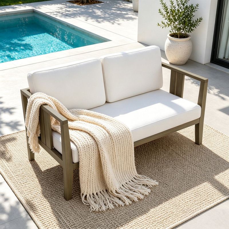 Causeuse d'extérieur en bois de teck avec coussin et accoudoirs Junco, Beige, Brun